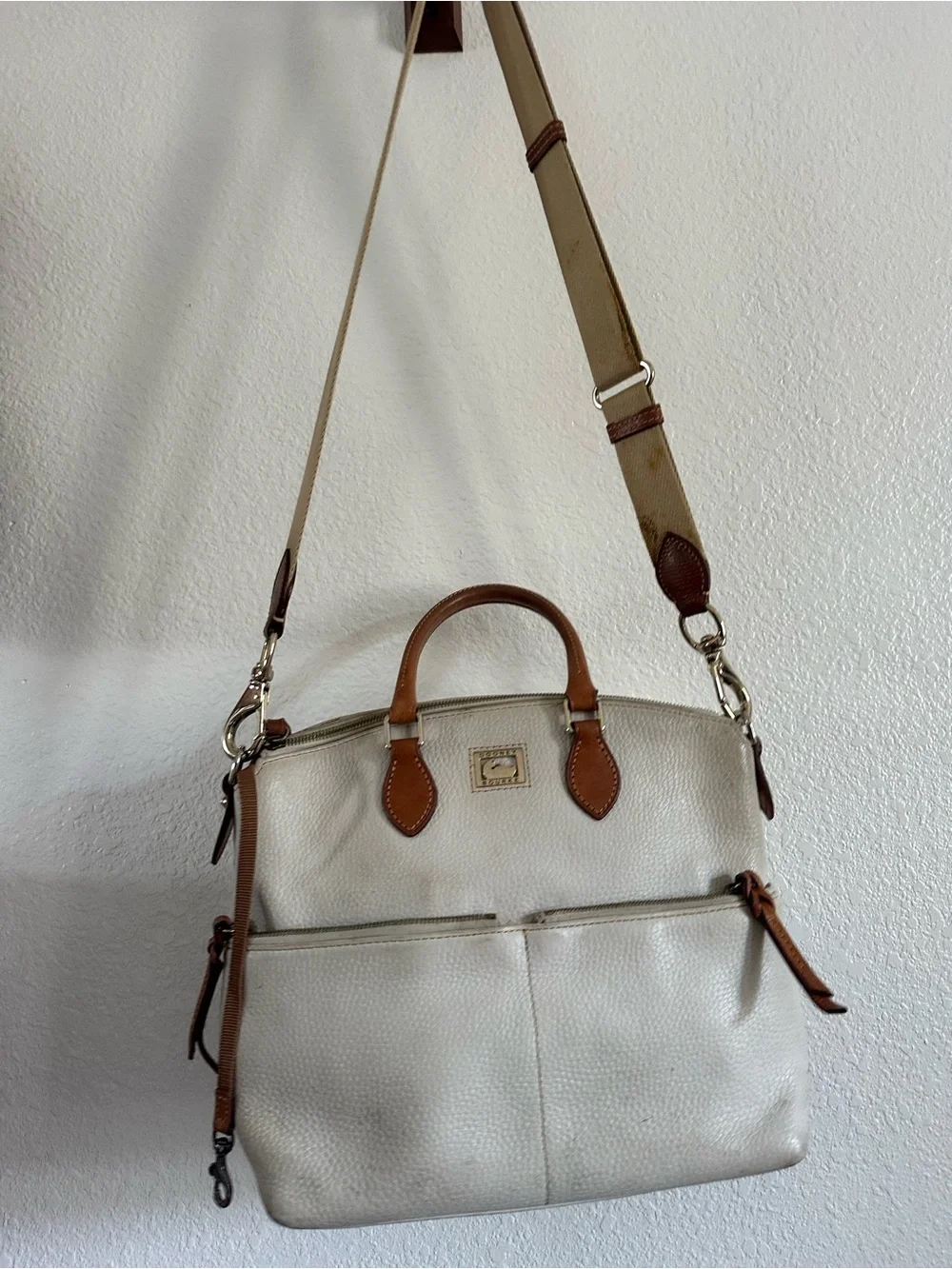 Dooney & Bourke Pebble Grain Leather Satchel Crossbody - Bone/Tan